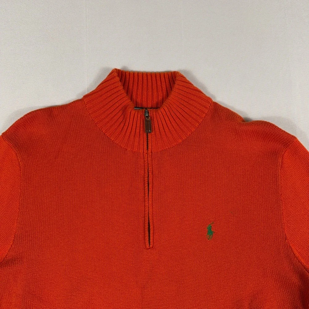 Polo Ralph‎ Lauren Quarter Zip Sweater Orange Cotton Knit Mens Large